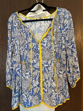 Boden Blue and Yellow Floral Tie-Front Blouse
